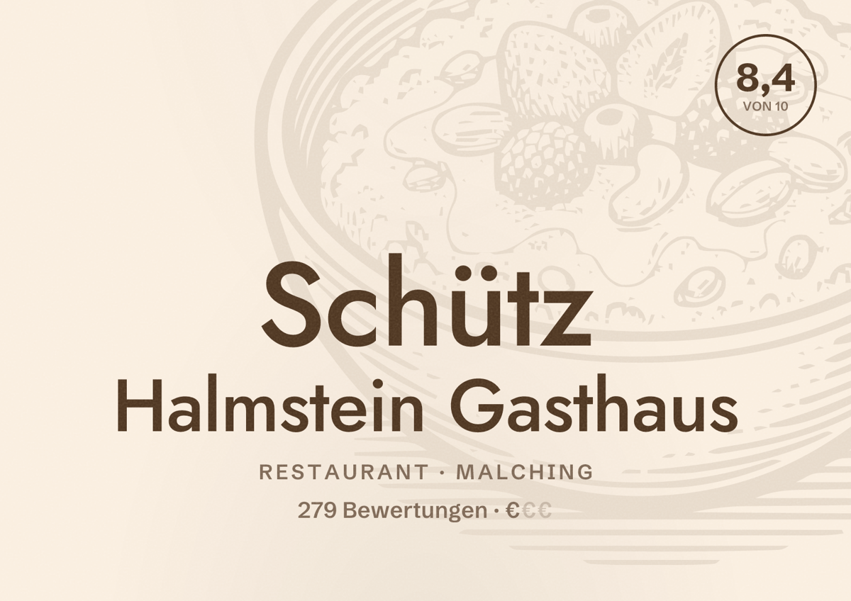 Illustriertes Poster von Schütz Halmstein Gasthaus, Restaurant in Malching: Bewertung 8,4 von 10 aus 279 Bewertungen, Preisniveau €