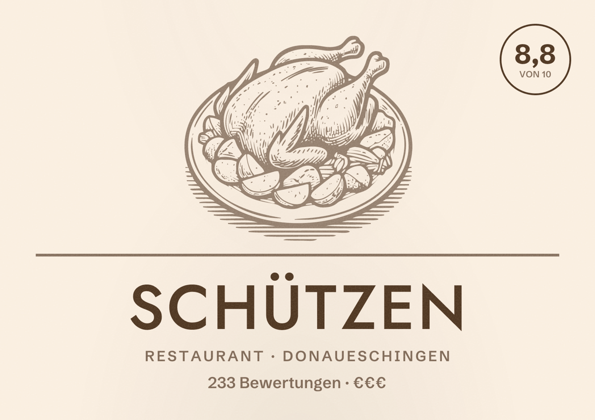 Illustriertes Poster von Schützen, Restaurant in Donaueschingen: Bewertung 8,8 von 10 aus 233 Bewertungen, Preisniveau €€€