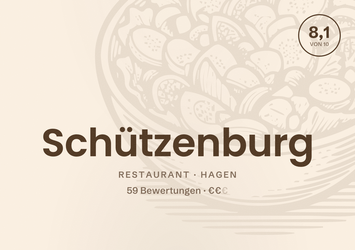 Illustriertes Poster von Schützenburg, Restaurant in Hagen: Bewertung 8,1 von 10 aus 59 Bewertungen, Preisniveau €€