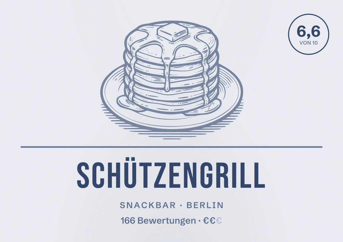 Illustriertes Poster von Schützengrill, Snackbar in Berlin: Bewertung 6,6 von 10 aus 166 Bewertungen, Preisniveau €€