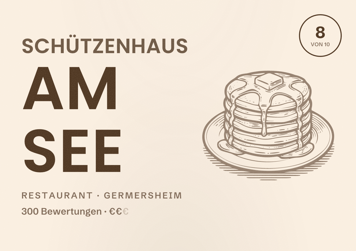 Illustriertes Poster von Schützenhaus am See, Restaurant in Germersheim: Bewertung 8 von 10 aus 300 Bewertungen, Preisniveau €€