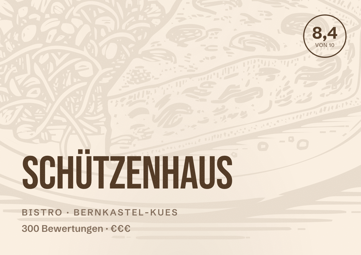 Illustriertes Poster von Schützenhaus, Bistro in Bernkastel-Kues: Bewertung 8,4 von 10 aus 300 Bewertungen, Preisniveau €€€