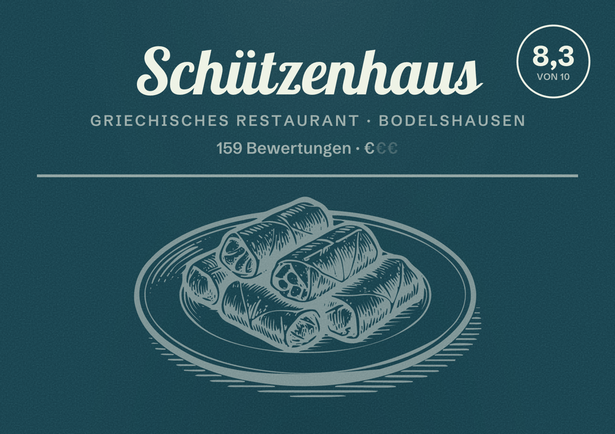 Illustriertes Poster von Schützenhaus, Griechisches Restaurant in Bodelshausen: Bewertung 8,3 von 10 aus 159 Bewertungen, Preisniveau €