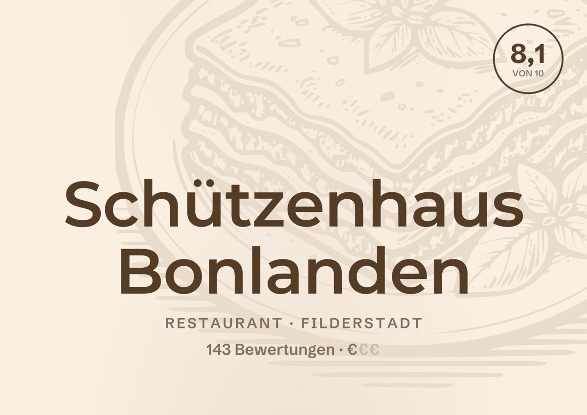 Illustriertes Poster von Schützenhaus Bonlanden, Restaurant in Filderstadt: Bewertung 8,1 von 10 aus 143 Bewertungen, Preisniveau €