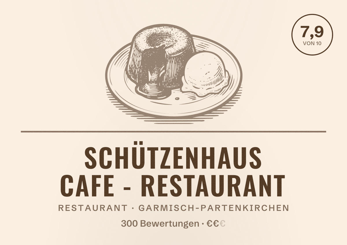 Illustriertes Poster von Schützenhaus Cafe - Restaurant, Restaurant in Garmisch-Partenkirchen: Bewertung 7,9 von 10 aus 300 Bewertungen, Preisniveau €€