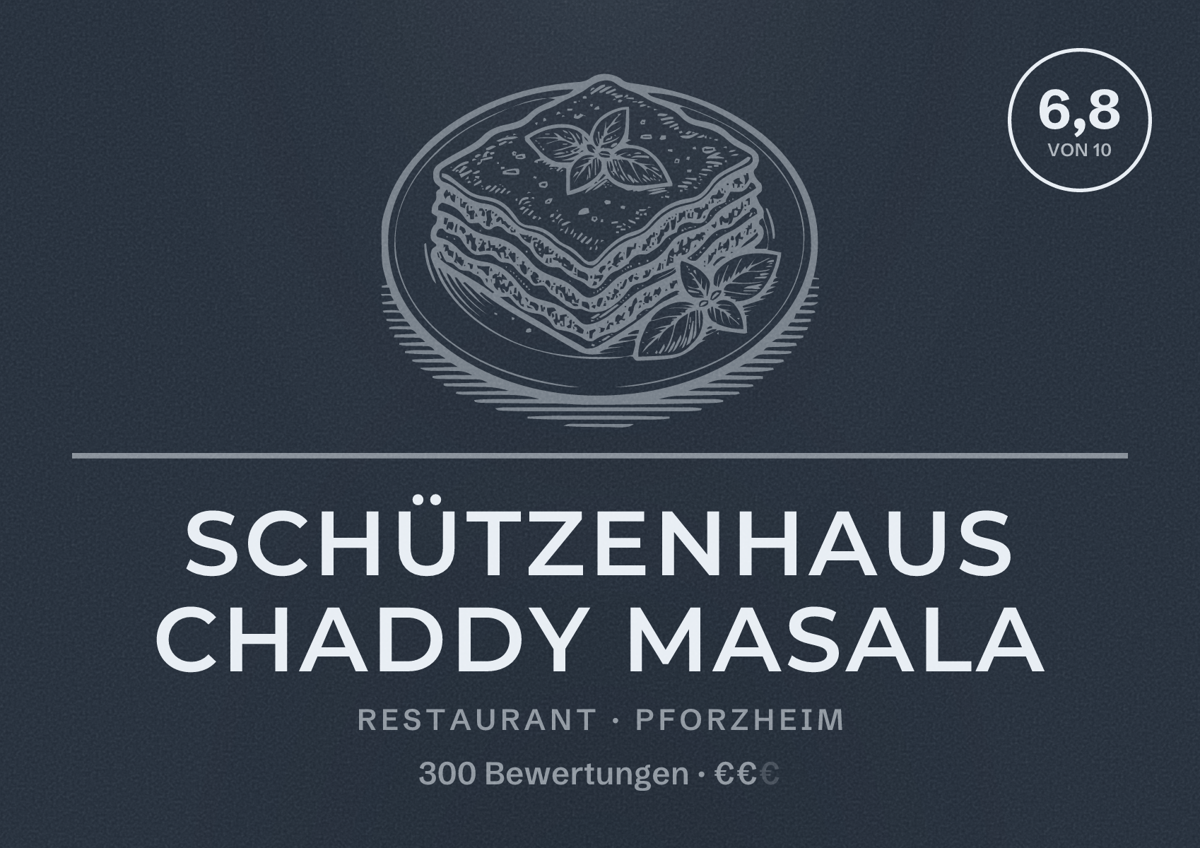 Illustriertes Poster von Schützenhaus Chaddy Masala, Restaurant in Pforzheim: Bewertung 6,8 von 10 aus 300 Bewertungen, Preisniveau €€
