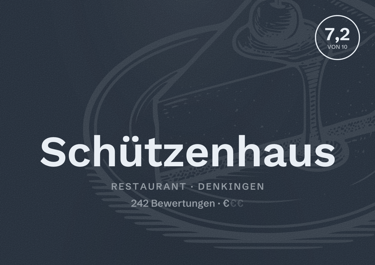 Illustriertes Poster von Schützenhaus, Restaurant in Denkingen: Bewertung 7,2 von 10 aus 242 Bewertungen, Preisniveau €