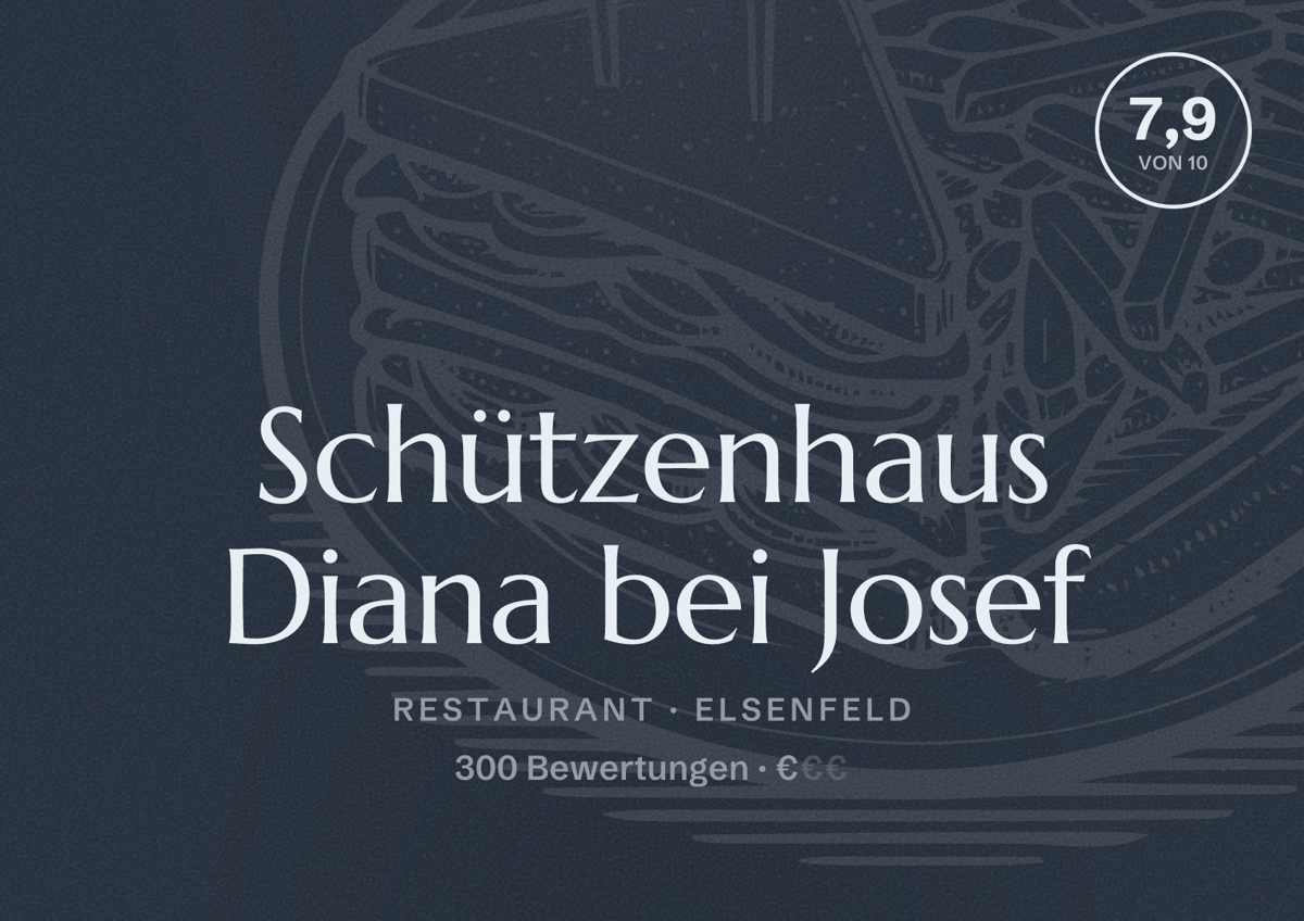 Illustriertes Poster von Schützenhaus Diana bei Josef, Restaurant in Elsenfeld: Bewertung 7,9 von 10 aus 300 Bewertungen, Preisniveau €
