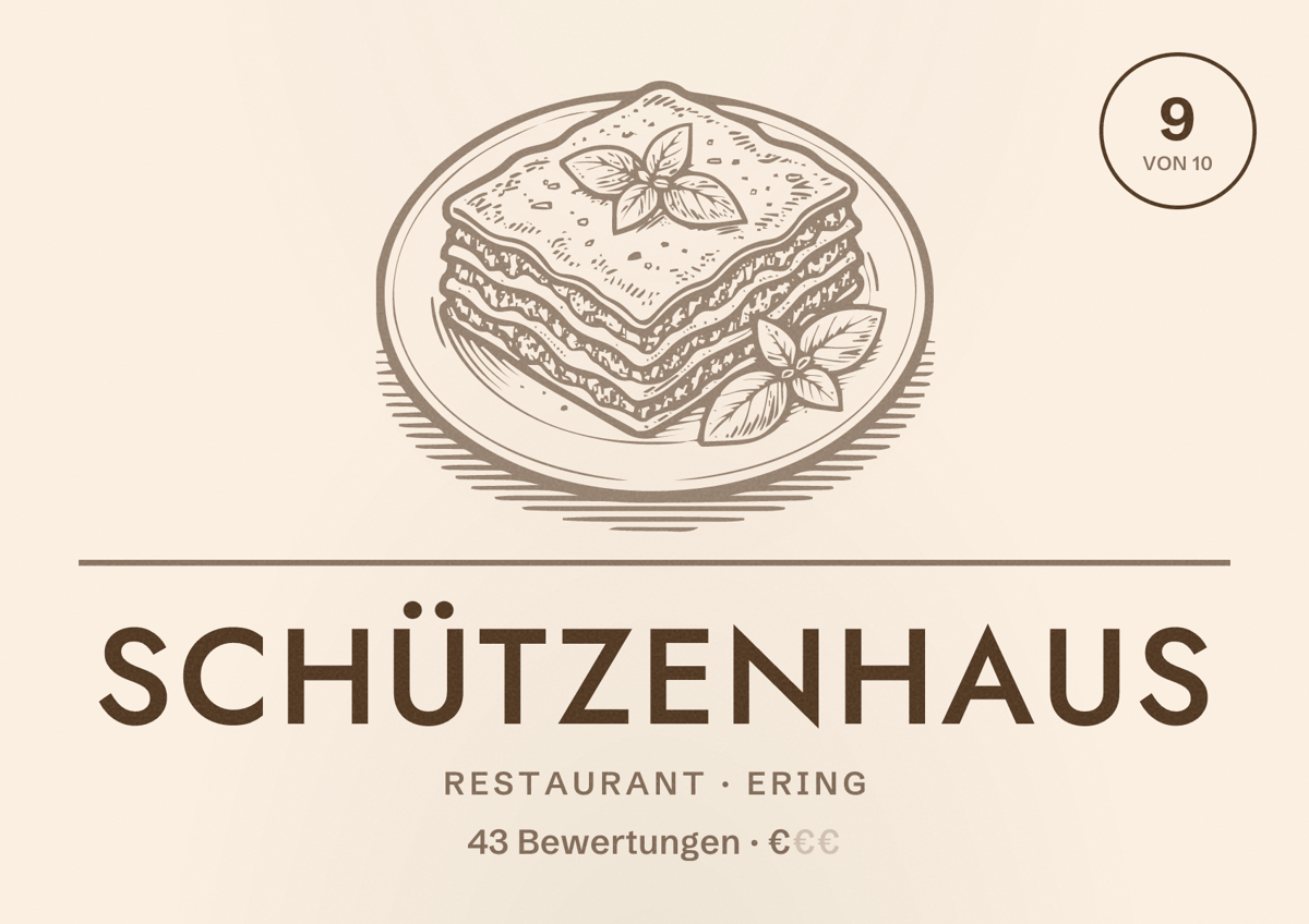 Illustriertes Poster von Schützenhaus, Restaurant in Ering: Bewertung 9 von 10 aus 43 Bewertungen, Preisniveau €