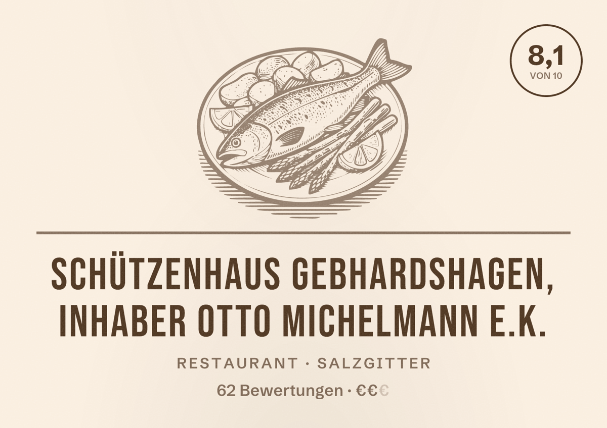 Illustriertes Poster von Schützenhaus Gebhardshagen, Inhaber Otto Michelmann e.K., Restaurant in Salzgitter: Bewertung 8,1 von 10 aus 62 Bewertungen, Preisniveau €€