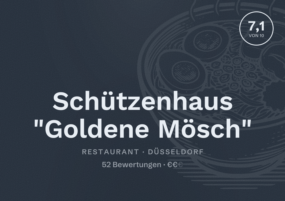 Illustriertes Poster von Schützenhaus "Goldene Mösch", Restaurant in Düsseldorf: Bewertung 7,1 von 10 aus 52 Bewertungen, Preisniveau €€