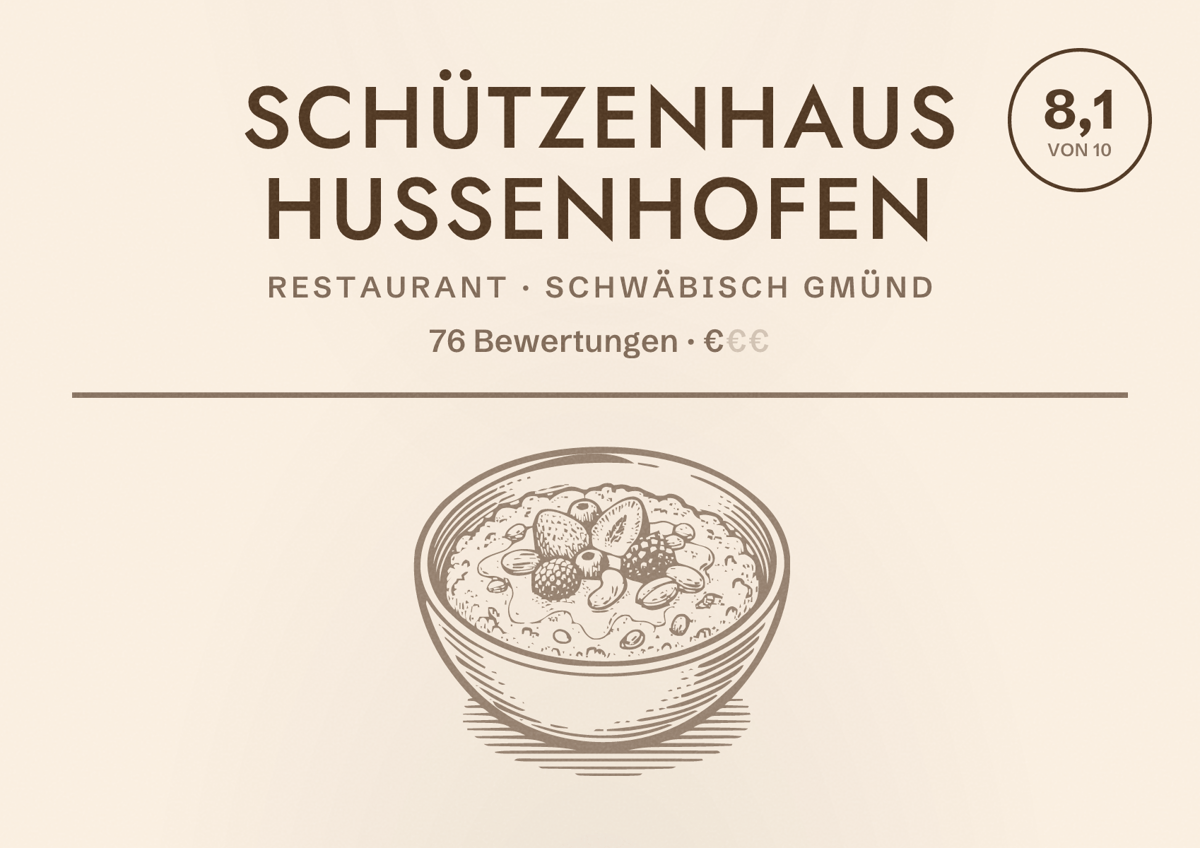Illustriertes Poster von Schützenhaus Hussenhofen, Restaurant in Schwäbisch Gmünd: Bewertung 8,1 von 10 aus 76 Bewertungen, Preisniveau €