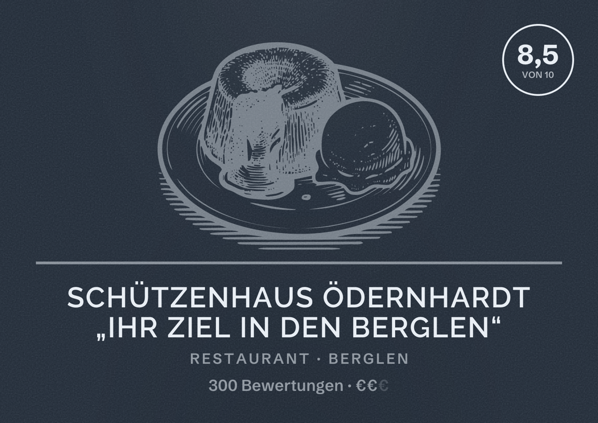 Illustriertes Poster von Schützenhaus Ödernhardt „Ihr Ziel in den Berglen“, Restaurant in Berglen: Bewertung 8,5 von 10 aus 300 Bewertungen, Preisniveau €€