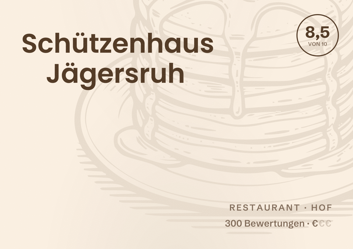 Illustriertes Poster von Schützenhaus Jägersruh, Restaurant in Hof: Bewertung 8,5 von 10 aus 300 Bewertungen, Preisniveau €