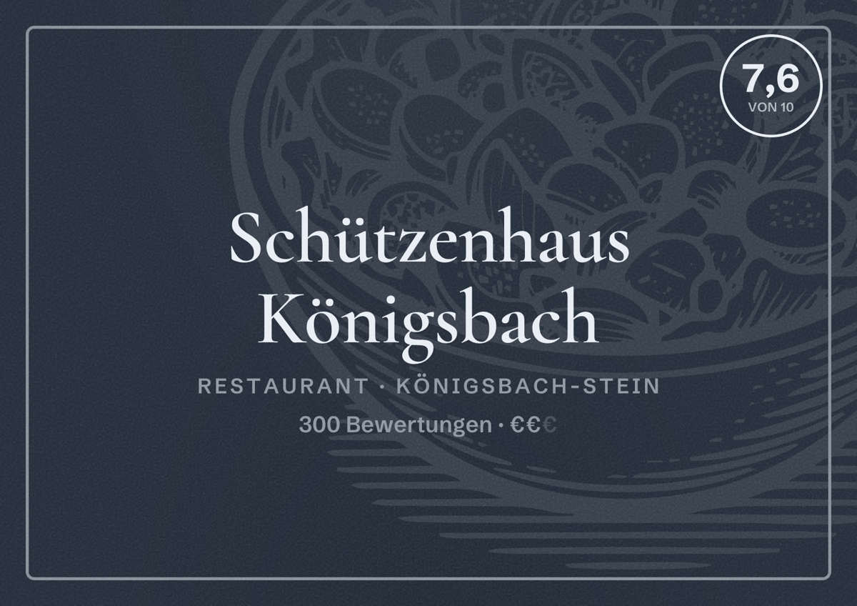 Illustriertes Poster von Schützenhaus Königsbach, Restaurant in Königsbach-Stein: Bewertung 7,6 von 10 aus 300 Bewertungen, Preisniveau €€