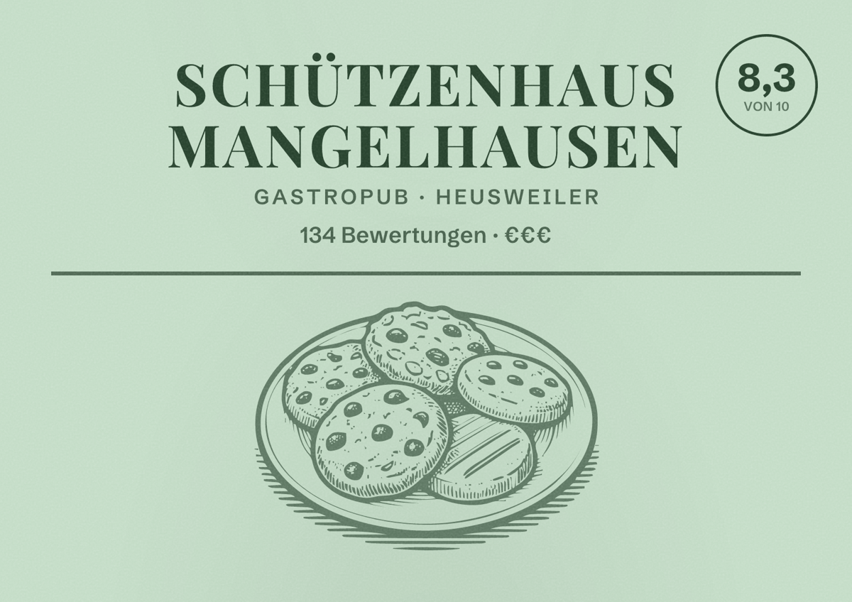 Illustriertes Poster von Schützenhaus Mangelhausen, Gastropub in Heusweiler: Bewertung 8,3 von 10 aus 134 Bewertungen, Preisniveau €€€