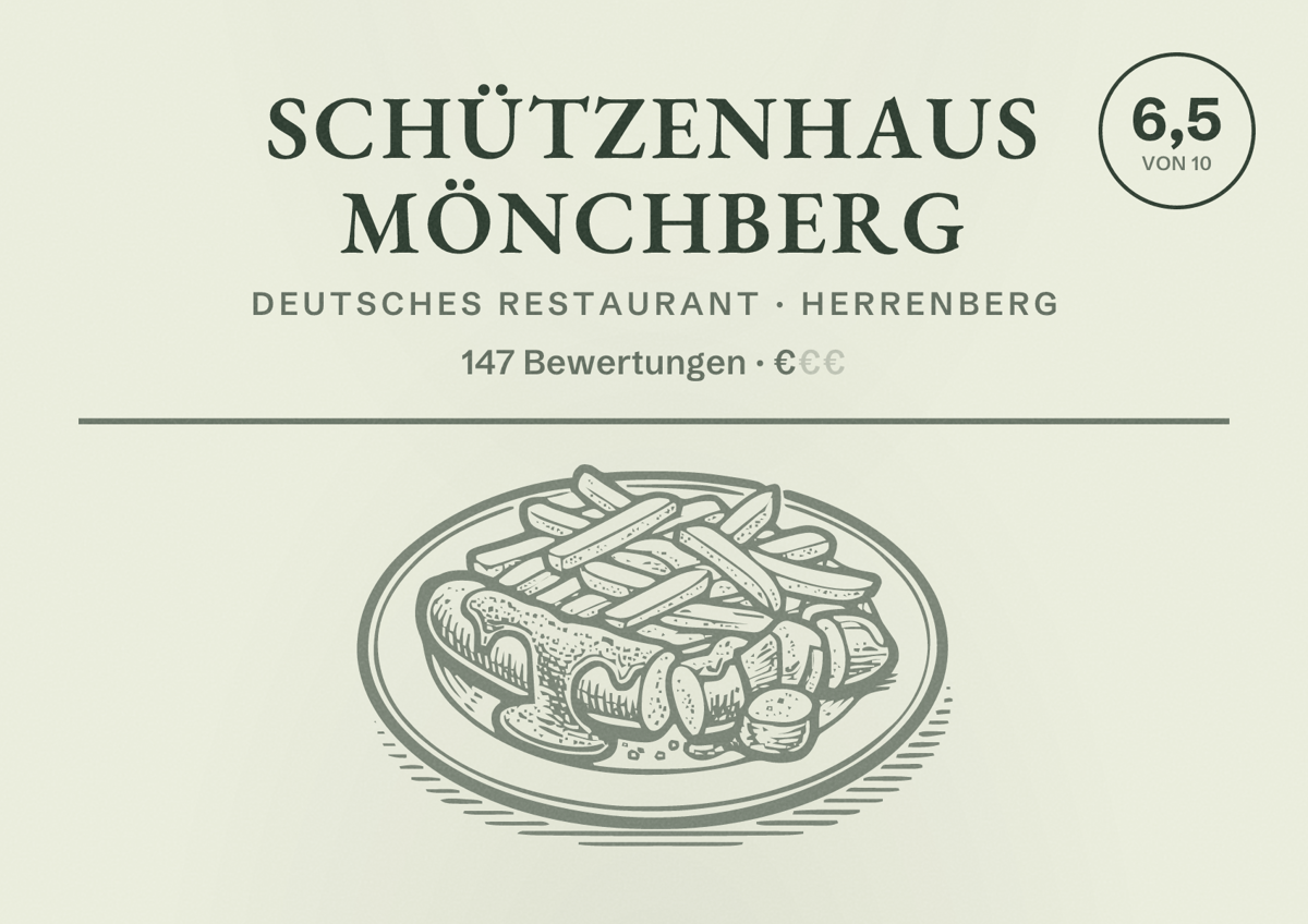 Illustriertes Poster von Schützenhaus Mönchberg, Deutsches Restaurant in Herrenberg: Bewertung 6,5 von 10 aus 147 Bewertungen, Preisniveau €