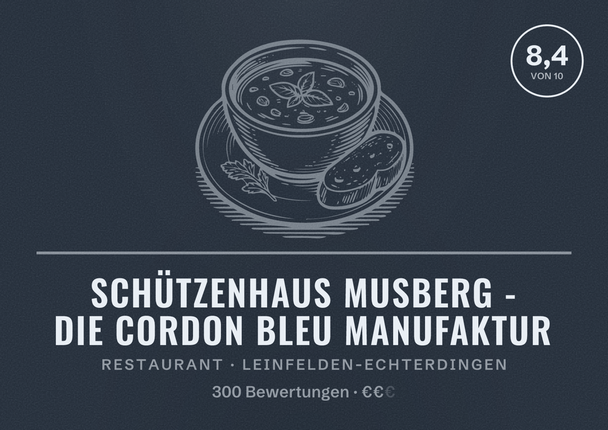 Illustriertes Poster von Schützenhaus Musberg - Die Cordon Bleu Manufaktur, Restaurant in Leinfelden-Echterdingen: Bewertung 8,4 von 10 aus 300 Bewertungen, Preisniveau €€