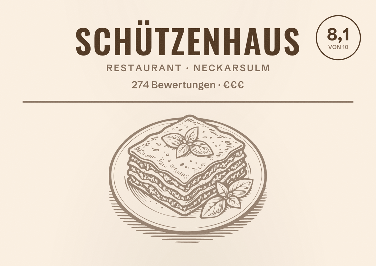 Illustriertes Poster von Schützenhaus, Restaurant in Neckarsulm: Bewertung 8,1 von 10 aus 274 Bewertungen, Preisniveau €€€