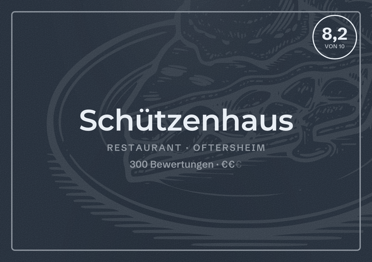 Illustriertes Poster von Schützenhaus, Restaurant in Oftersheim: Bewertung 8,2 von 10 aus 300 Bewertungen, Preisniveau €€