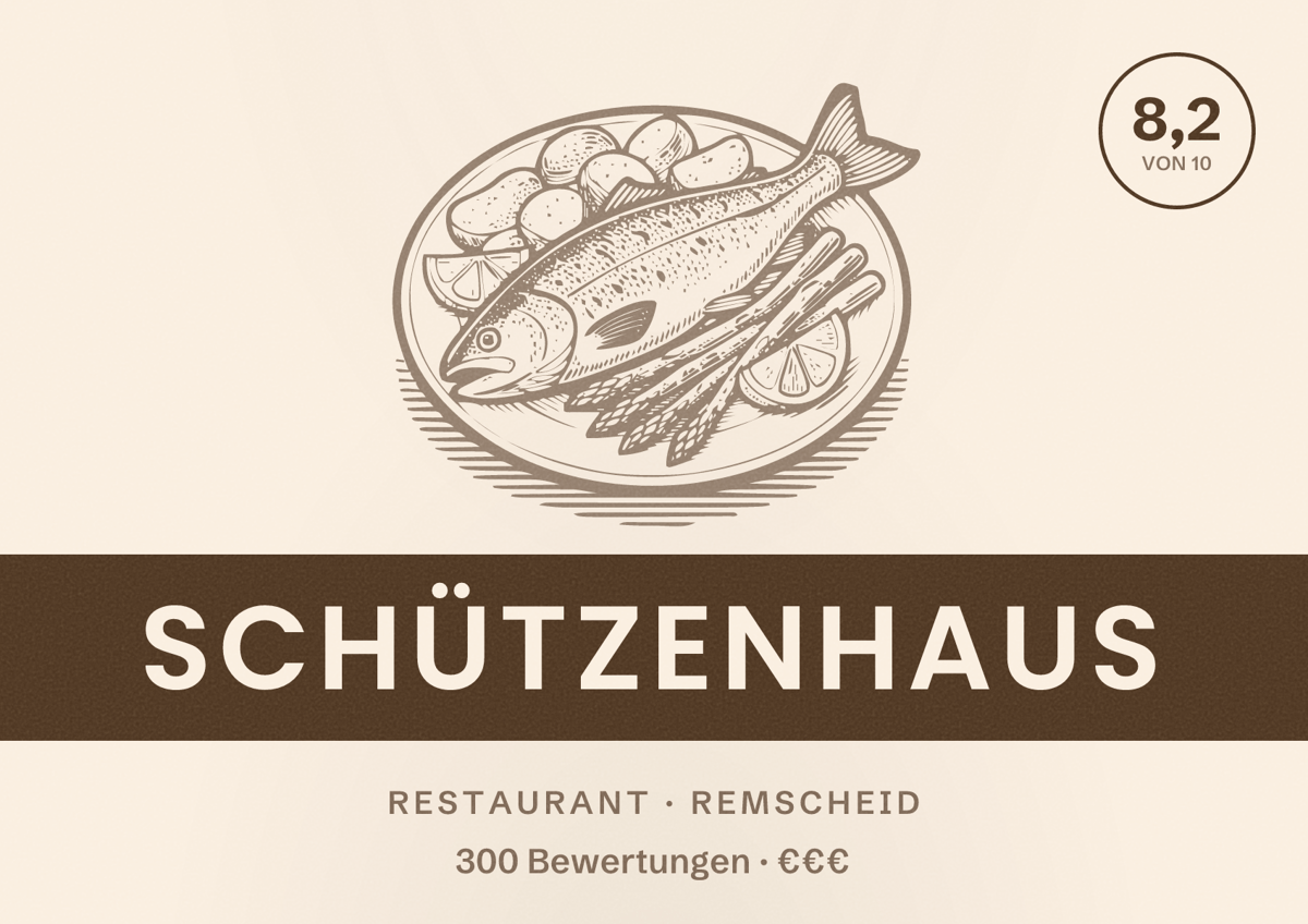 Illustriertes Poster von Schützenhaus, Restaurant in Remscheid: Bewertung 8,2 von 10 aus 300 Bewertungen, Preisniveau €€€
