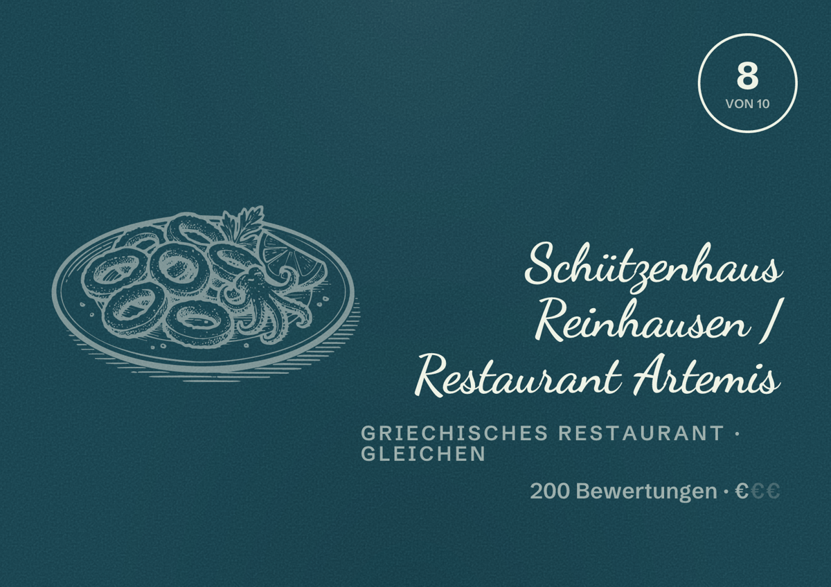 Illustriertes Poster von Schützenhaus Reinhausen / Restaurant Artemis, Griechisches Restaurant in Gleichen: Bewertung 8 von 10 aus 200 Bewertungen, Preisniveau €