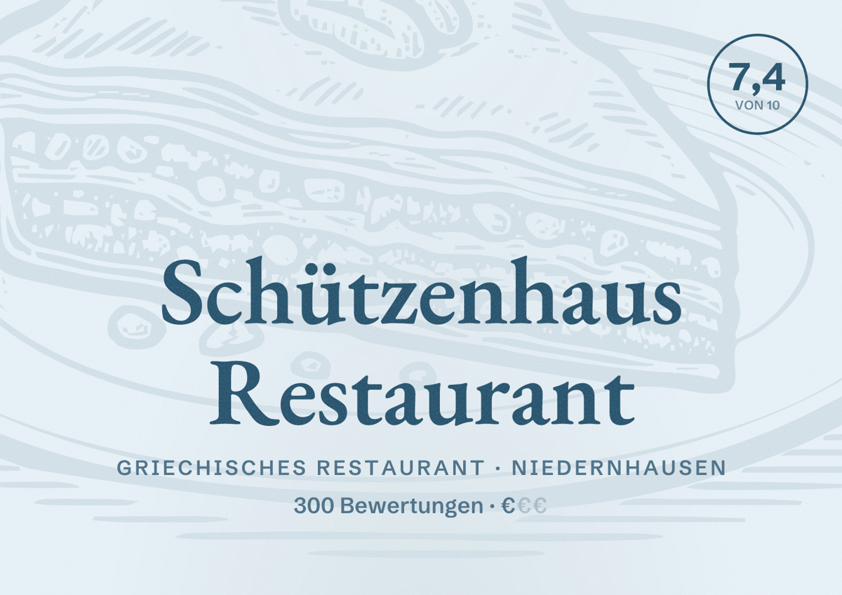 Illustriertes Poster von Schützenhaus Restaurant, Griechisches Restaurant in Niedernhausen: Bewertung 7,4 von 10 aus 300 Bewertungen, Preisniveau €