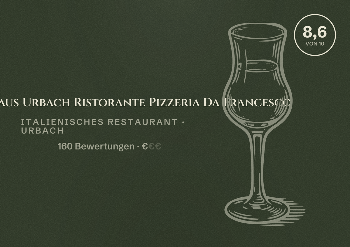 Illustriertes Poster von Schützenhaus Urbach Ristorante Pizzeria Da Francesco, Italienisches Restaurant in Urbach: Bewertung 8,6 von 10 aus 160 Bewertungen, Preisniveau €
