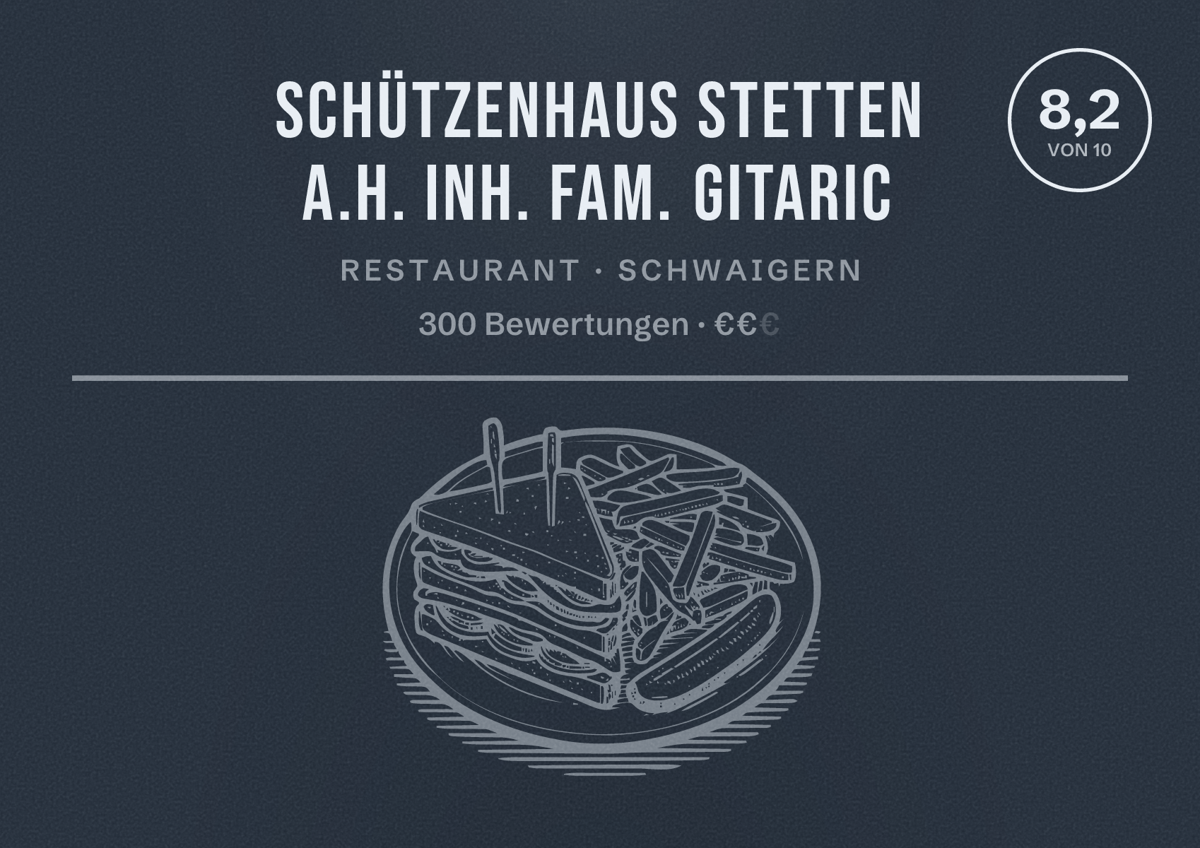 Illustriertes Poster von Schützenhaus Stetten a.H. Inh. Fam. Gitaric, Restaurant in Schwaigern: Bewertung 8,2 von 10 aus 300 Bewertungen, Preisniveau €€