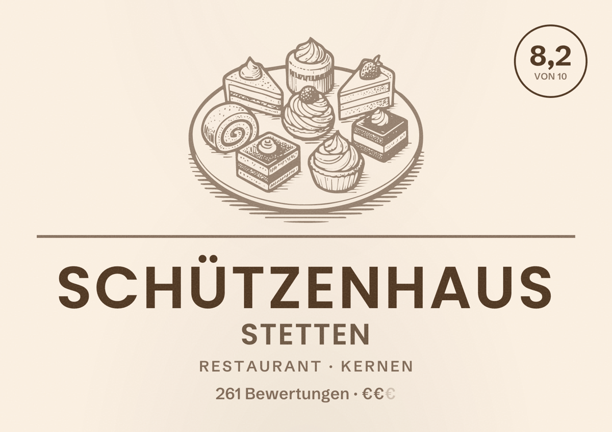 Illustriertes Poster von Schützenhaus Stetten, Restaurant in Kernen: Bewertung 8,2 von 10 aus 261 Bewertungen, Preisniveau €€