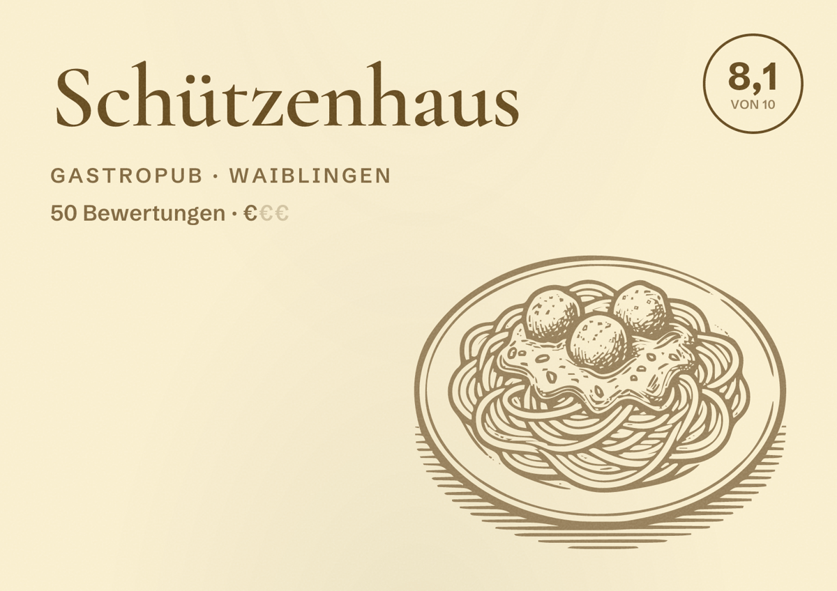 Illustriertes Poster von Schützenhaus, Gastropub in Waiblingen: Bewertung 8,1 von 10 aus 50 Bewertungen, Preisniveau €