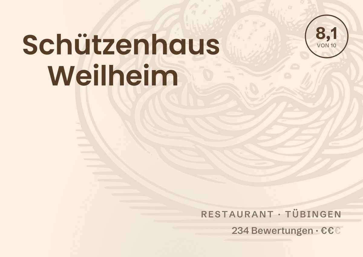 Illustriertes Poster von Schützenhaus Weilheim, Restaurant in Tübingen: Bewertung 8,1 von 10 aus 234 Bewertungen, Preisniveau €€