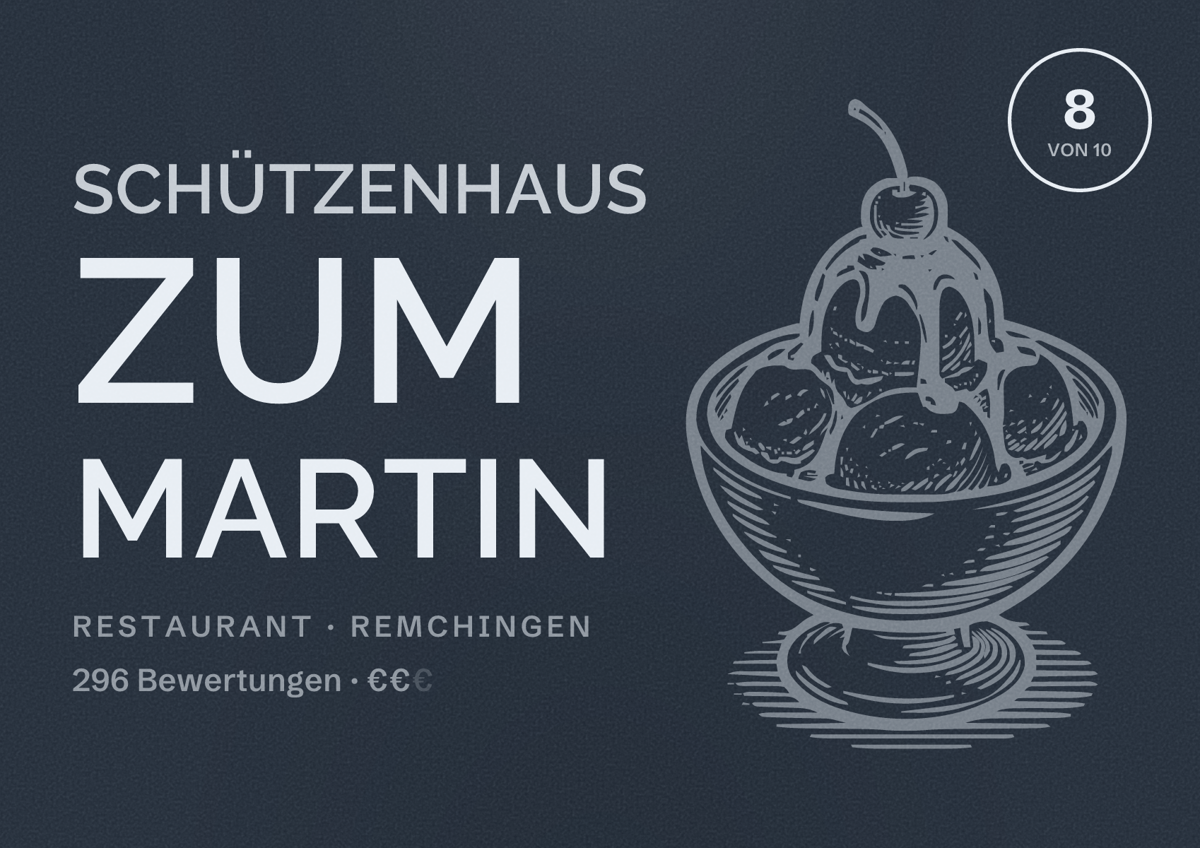Illustriertes Poster von Schützenhaus zum Martin, Restaurant in Remchingen: Bewertung 8 von 10 aus 296 Bewertungen, Preisniveau €€