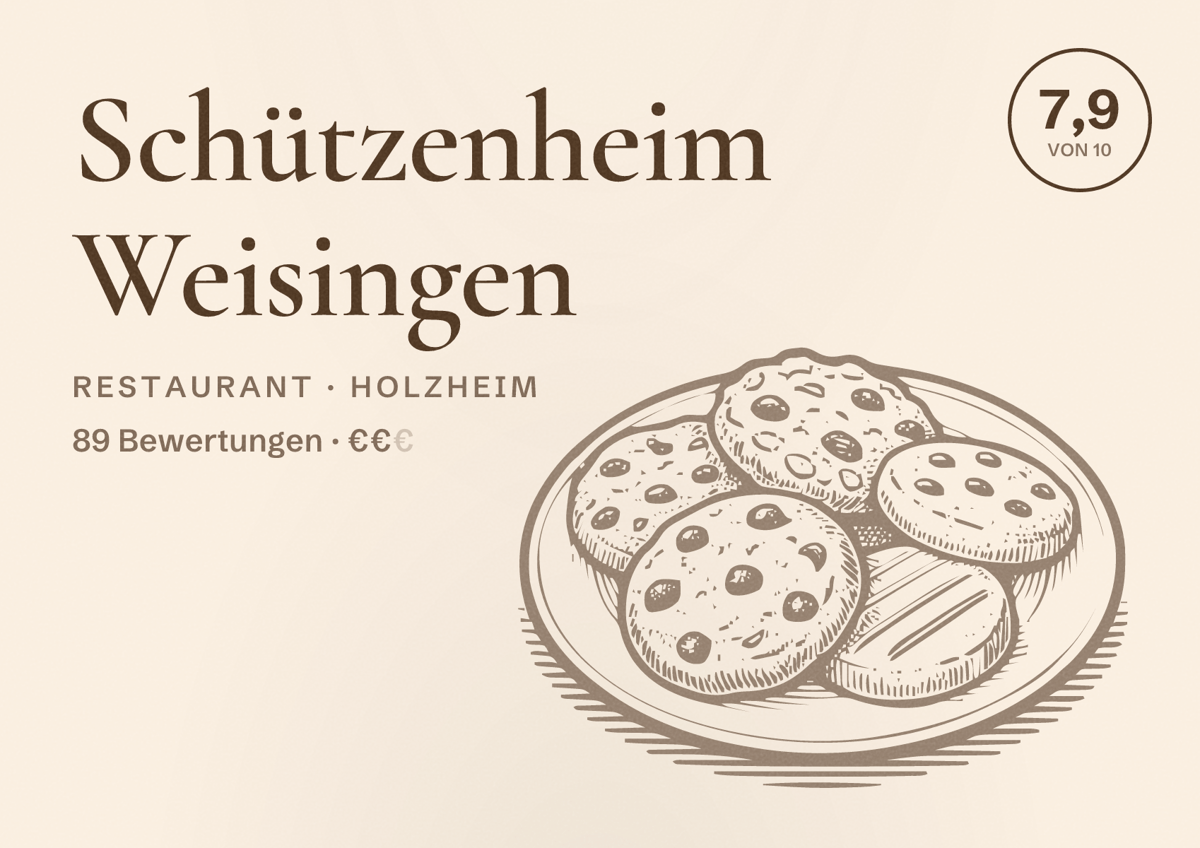 Illustriertes Poster von Schützenheim Weisingen, Restaurant in Holzheim: Bewertung 7,9 von 10 aus 89 Bewertungen, Preisniveau €€