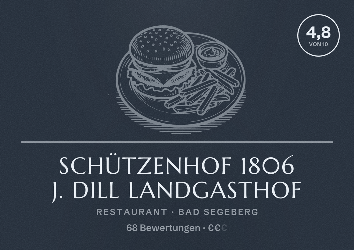 Illustriertes Poster von Schützenhof 1806 J. Dill Landgasthof, Restaurant in Bad Segeberg: Bewertung 4,8 von 10 aus 68 Bewertungen, Preisniveau €€