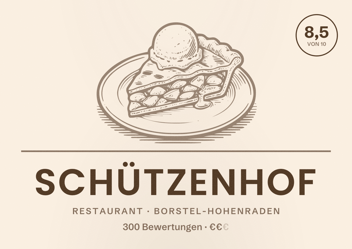 Illustriertes Poster von Schützenhof, Restaurant in Borstel-Hohenraden: Bewertung 8,5 von 10 aus 300 Bewertungen, Preisniveau €€