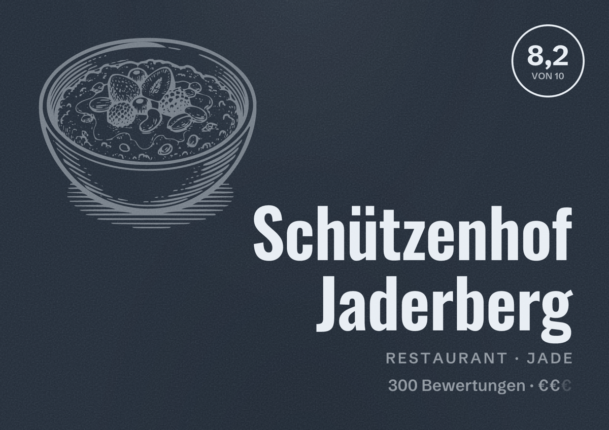Illustriertes Poster von Schützenhof Jaderberg, Restaurant in Jade: Bewertung 8,2 von 10 aus 300 Bewertungen, Preisniveau €€
