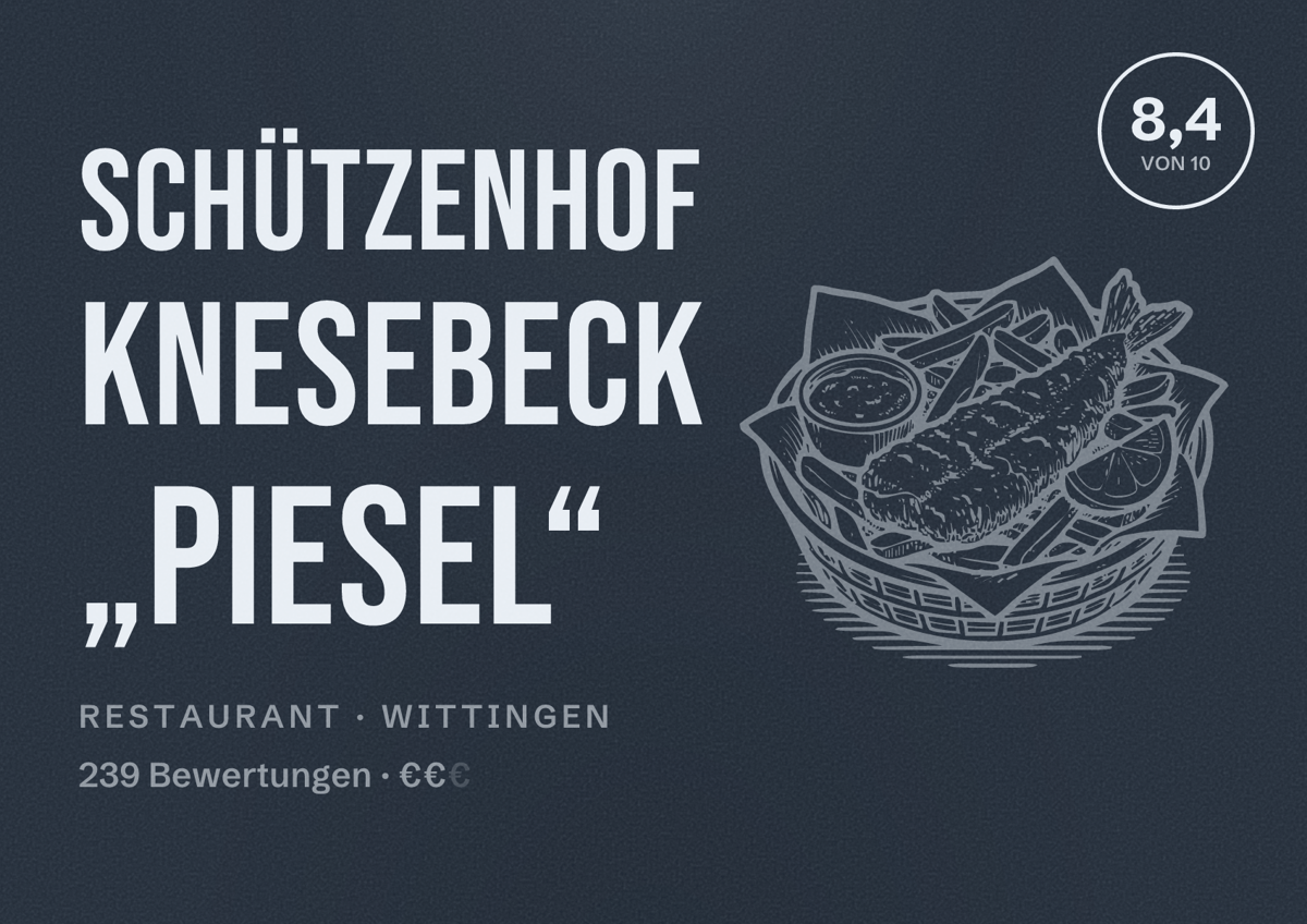 Illustriertes Poster von Schützenhof Knesebeck „Piesel“, Restaurant in Wittingen: Bewertung 8,4 von 10 aus 239 Bewertungen, Preisniveau €€