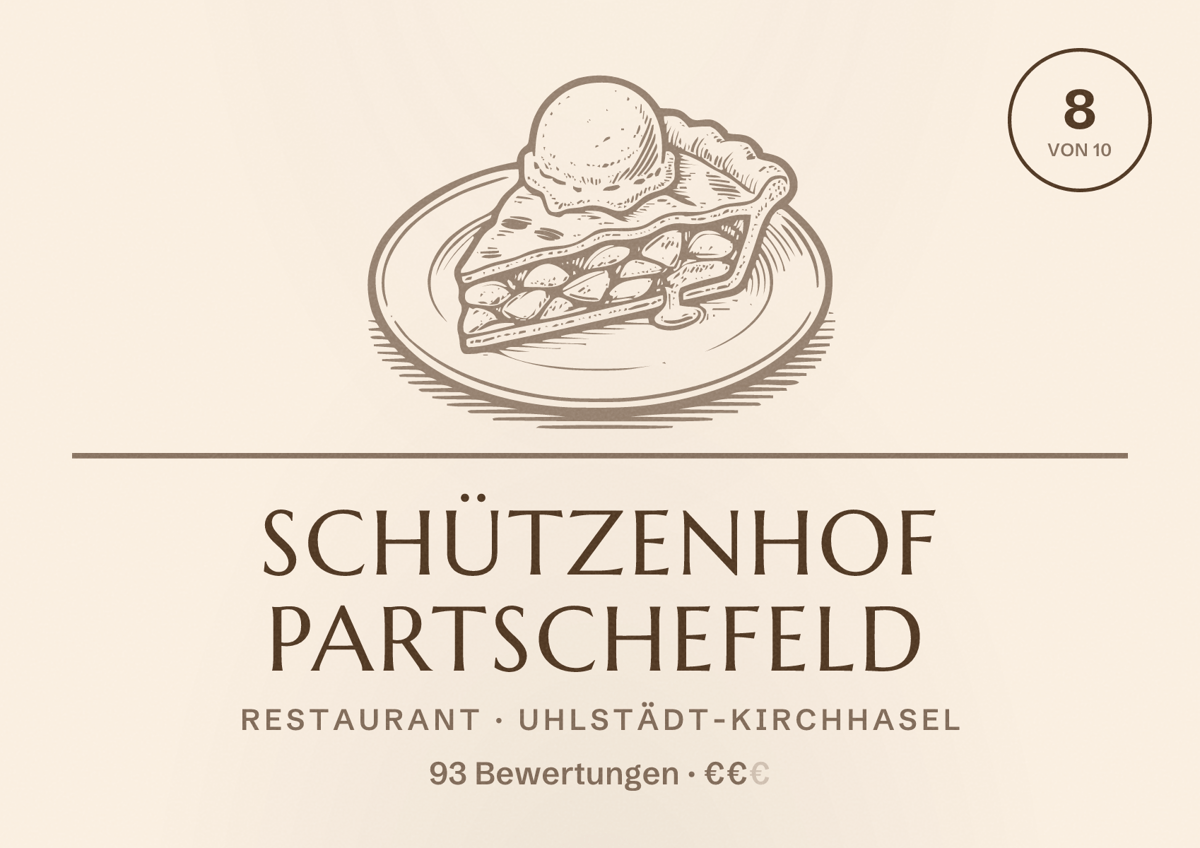 Illustriertes Poster von Schützenhof Partschefeld, Restaurant in Uhlstädt-Kirchhasel: Bewertung 8 von 10 aus 93 Bewertungen, Preisniveau €€