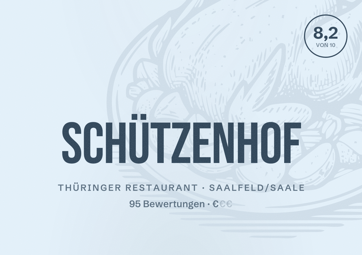 Illustriertes Poster von Schützenhof, Thüringer Restaurant in Saalfeld/Saale: Bewertung 8,2 von 10 aus 95 Bewertungen, Preisniveau €
