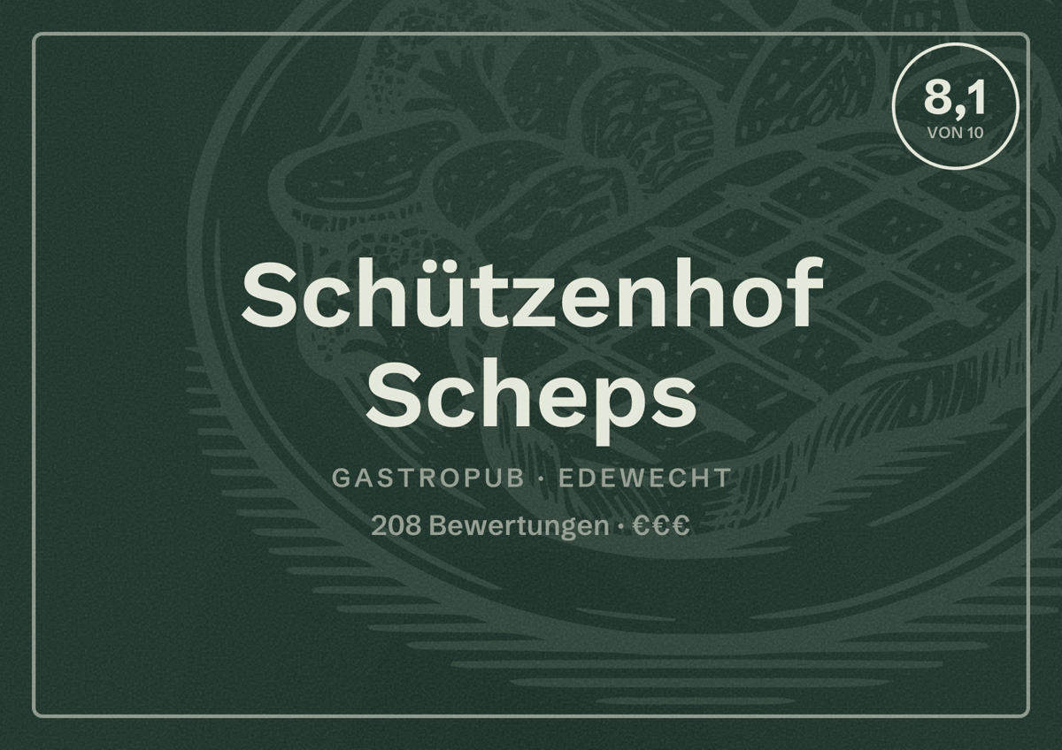 Illustriertes Poster von Schützenhof Scheps, Gastropub in Edewecht: Bewertung 8,1 von 10 aus 208 Bewertungen, Preisniveau €€€