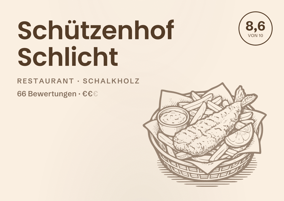 Illustriertes Poster von Schützenhof Schlicht, Restaurant in Schalkholz: Bewertung 8,6 von 10 aus 66 Bewertungen, Preisniveau €€