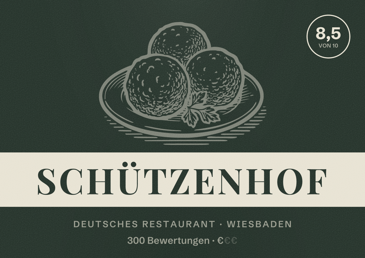 Illustriertes Poster von Schützenhof, Deutsches Restaurant in Wiesbaden: Bewertung 8,5 von 10 aus 300 Bewertungen, Preisniveau €