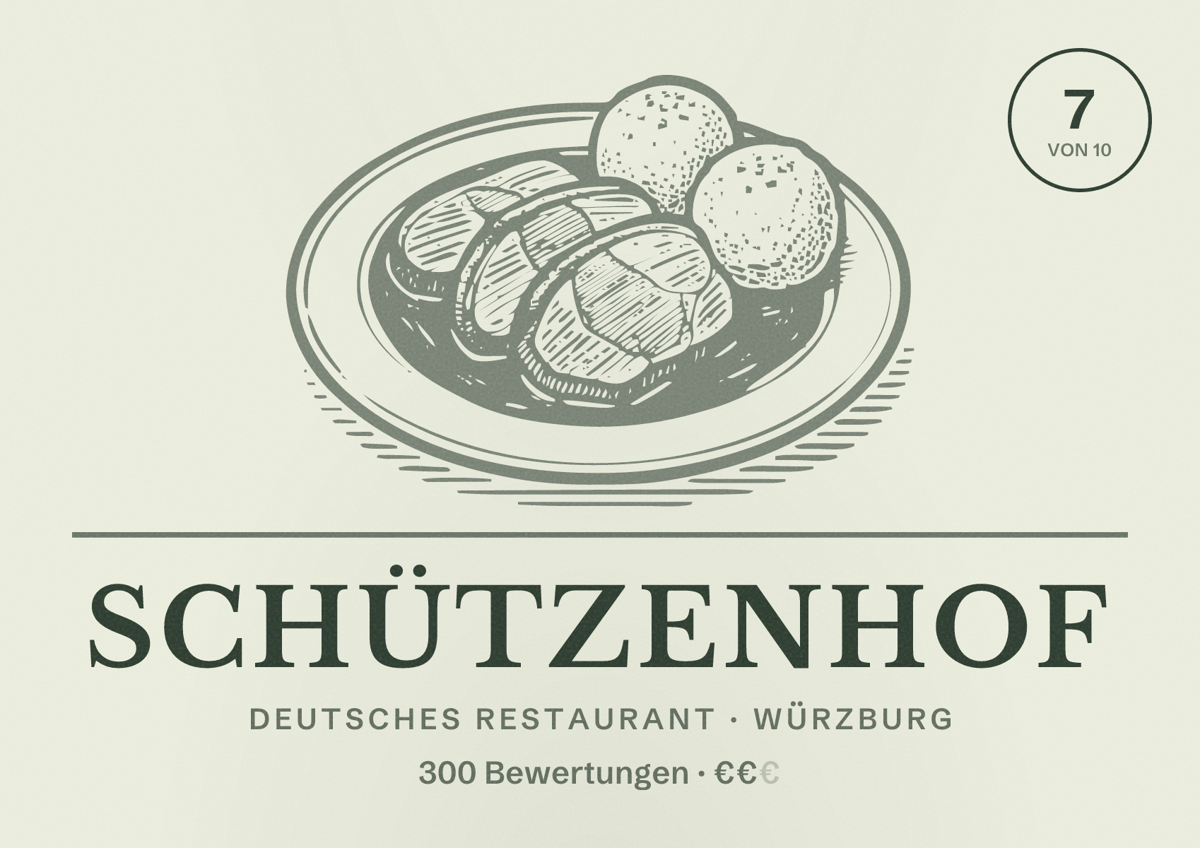 Illustriertes Poster von Schützenhof, Deutsches Restaurant in Würzburg: Bewertung 7 von 10 aus 300 Bewertungen, Preisniveau €€