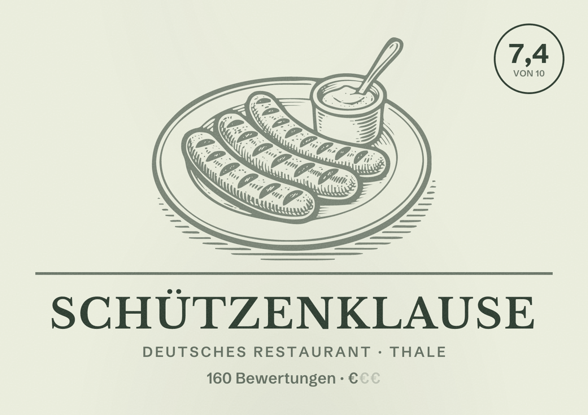 Illustriertes Poster von Schützenklause, Deutsches Restaurant in Thale: Bewertung 7,4 von 10 aus 160 Bewertungen, Preisniveau €