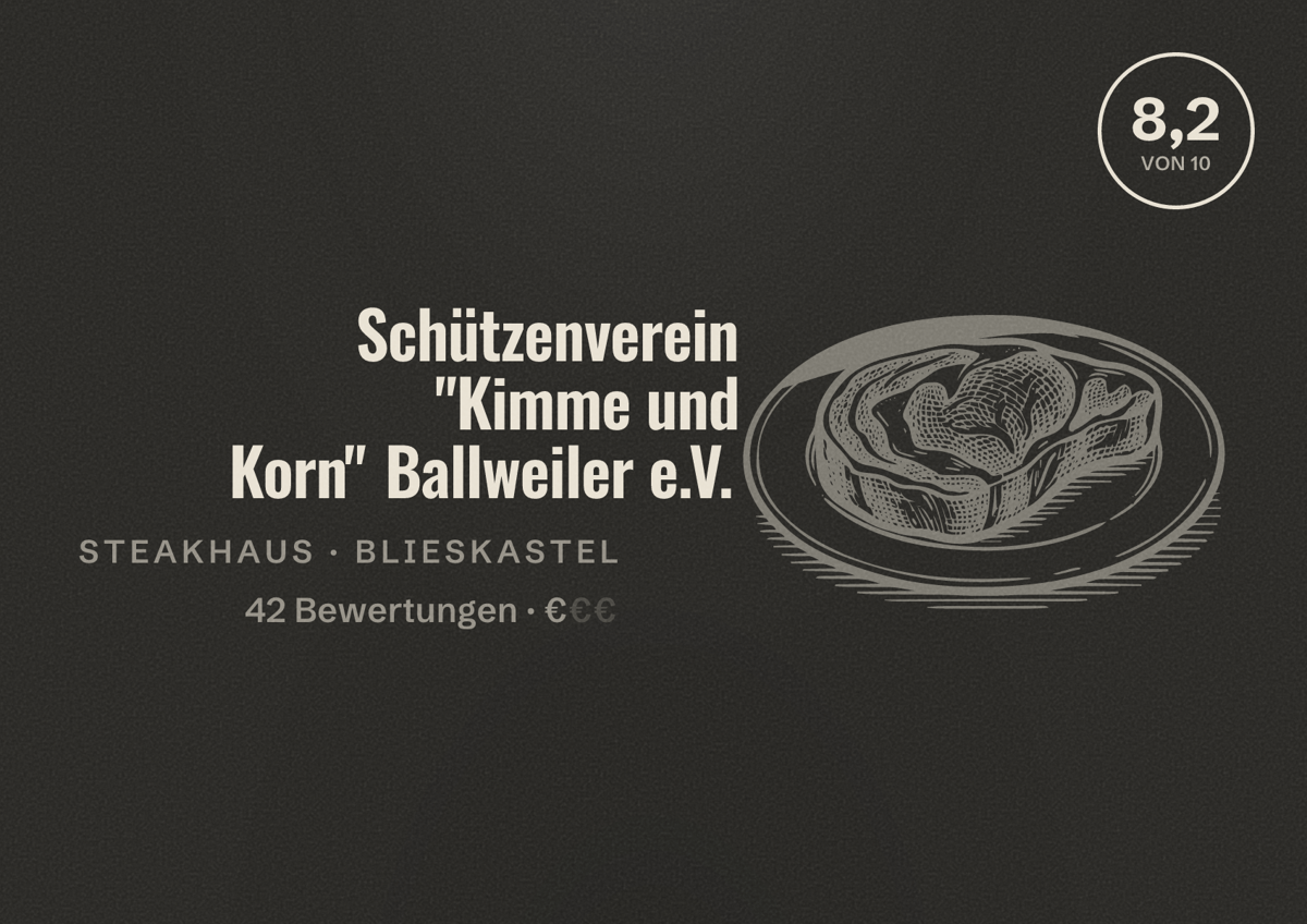 Illustriertes Poster von Schützenverein "Kimme und Korn" Ballweiler e.V., Steakhaus in Blieskastel: Bewertung 8,2 von 10 aus 42 Bewertungen, Preisniveau €