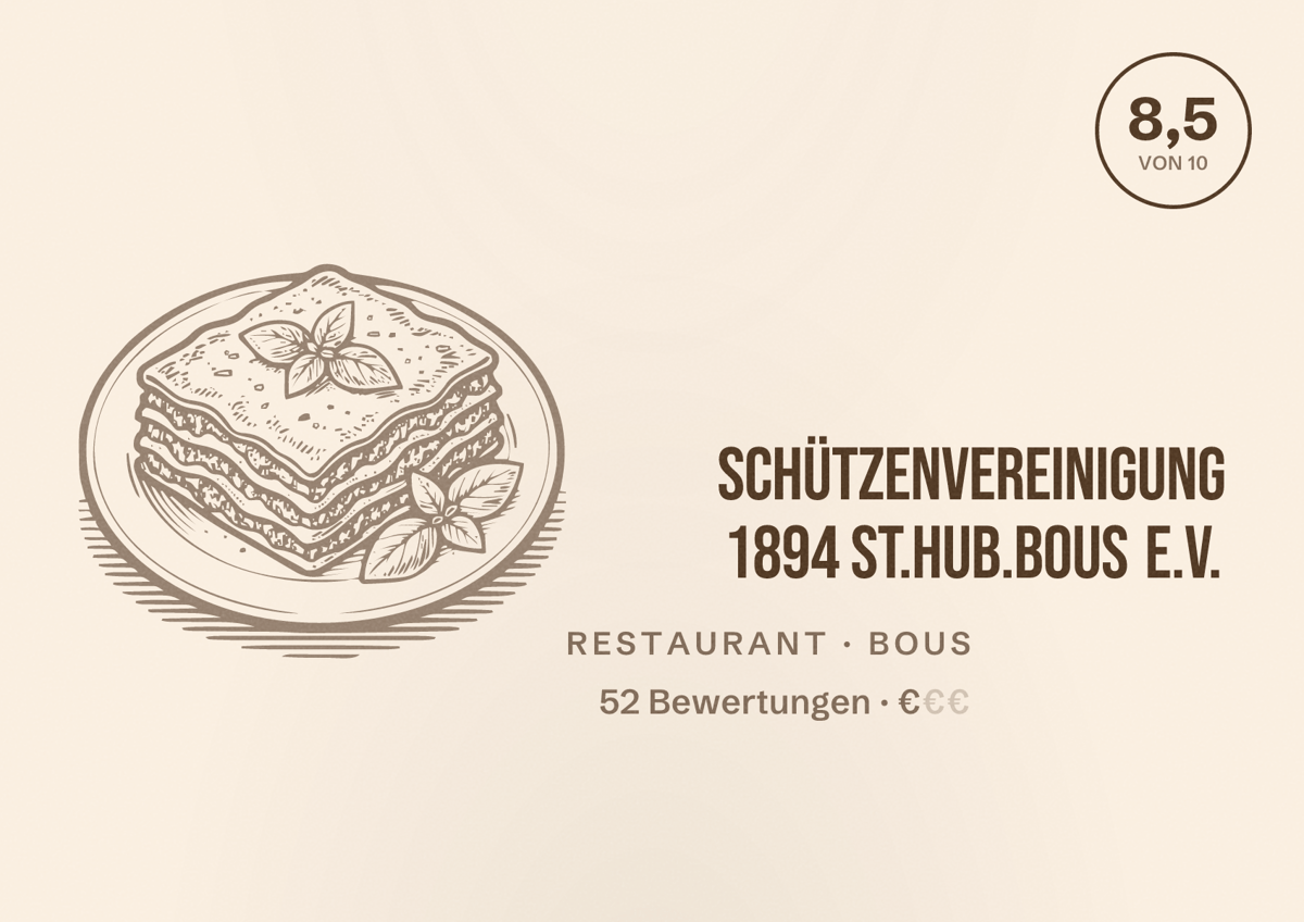 Illustriertes Poster von Schützenvereinigung 1894 St.Hub.Bous e.V., Restaurant in Bous: Bewertung 8,5 von 10 aus 52 Bewertungen, Preisniveau €