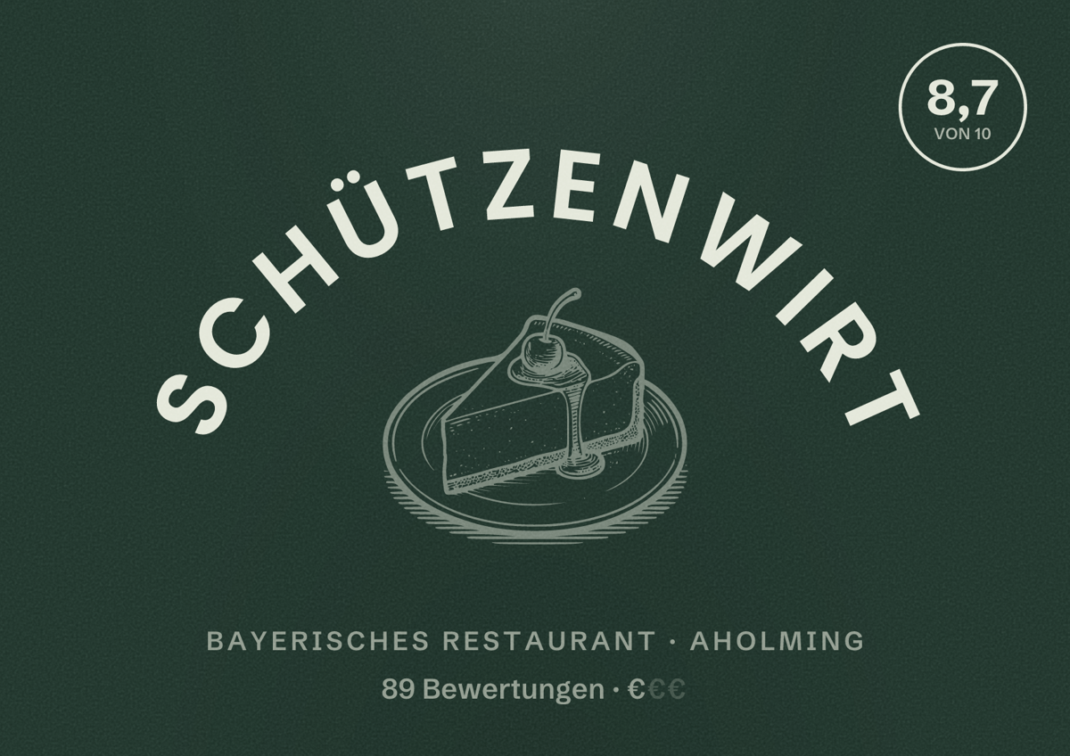 Illustriertes Poster von Schützenwirt, Bayerisches Restaurant in Aholming: Bewertung 8,7 von 10 aus 89 Bewertungen, Preisniveau €