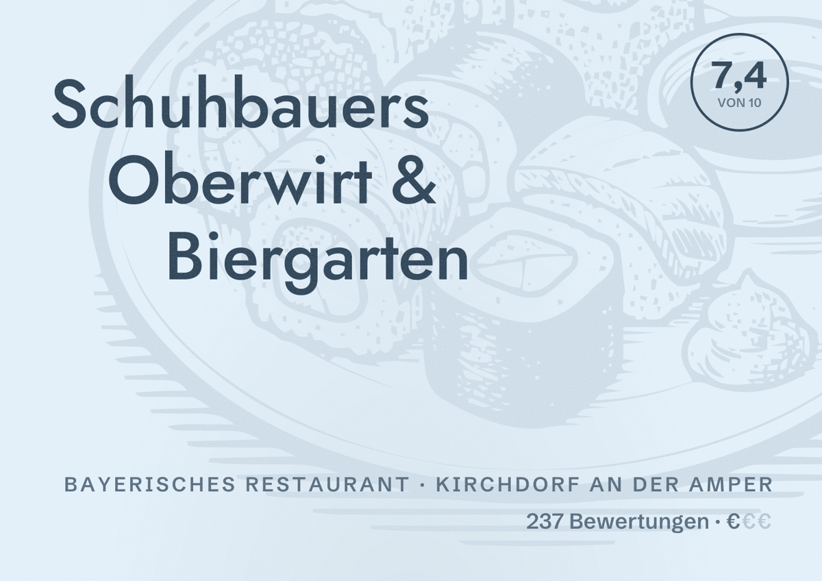Illustriertes Poster von Schuhbauers Oberwirt & Biergarten, Bayerisches Restaurant in Kirchdorf an der Amper: Bewertung 7,4 von 10 aus 237 Bewertungen, Preisniveau €