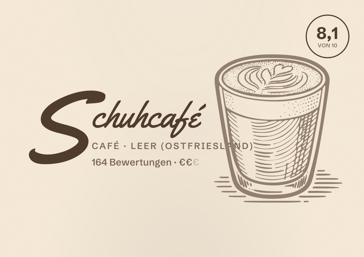 Illustriertes Poster von Schuhcafé, Café in Leer (Ostfriesland): Bewertung 8,1 von 10 aus 164 Bewertungen, Preisniveau €€